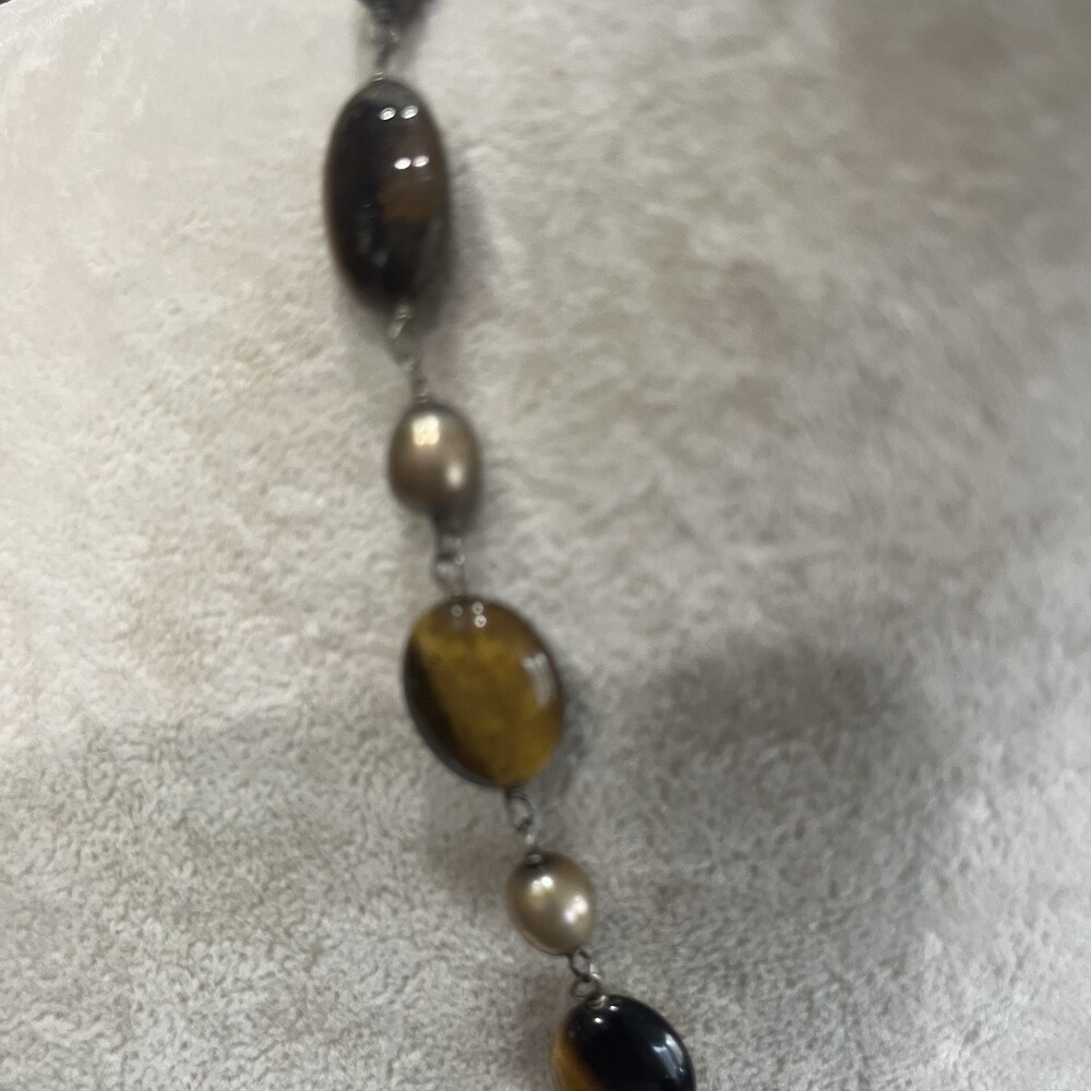 Tiger Eye Pendant‎ Necklace Freshwater Pearl Sterling Silver 925 Statement - Picture 4 of 6